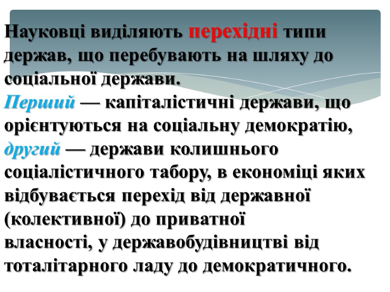 Науковці виділяють перехідні типи держав, що перебувають на шляху до соціальної держави.  Перший